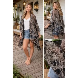 Forgotten Grace Boho Chic Black Mesh Embroidered Kimono Cardigan Plus Size 1X